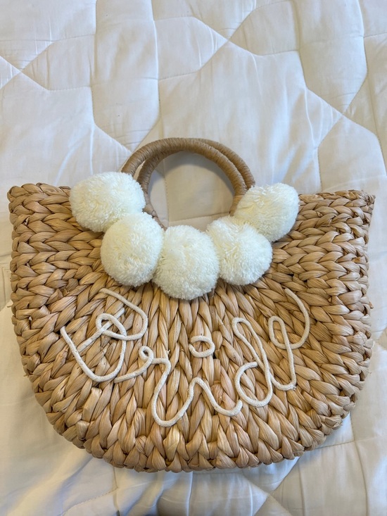 Handbags - Woven Straw Tote with Cream Pom-Pom Accents